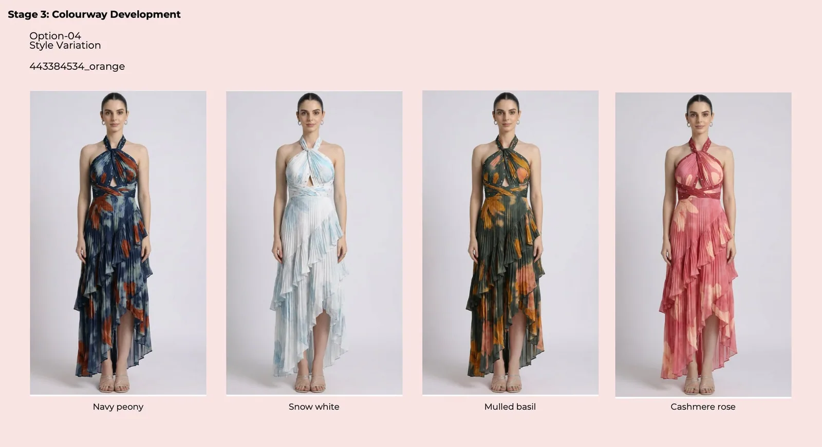 Colourway development for a pleated halter maxi dress in navy peony, snow white, mulled basil and cashmere rose