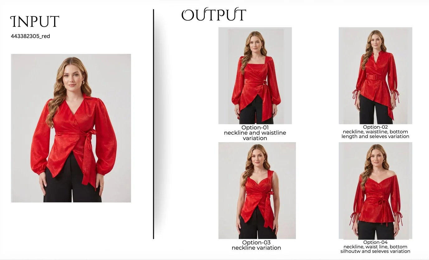 A red blouse and four neckline, waistline and sleeve variations built from it