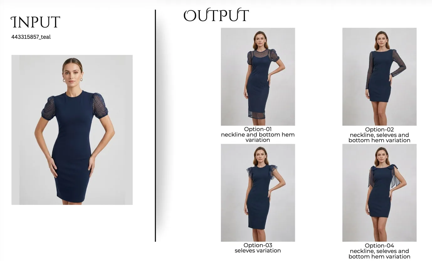 A navy dress and four neckline, sleeve and hem variations built from it