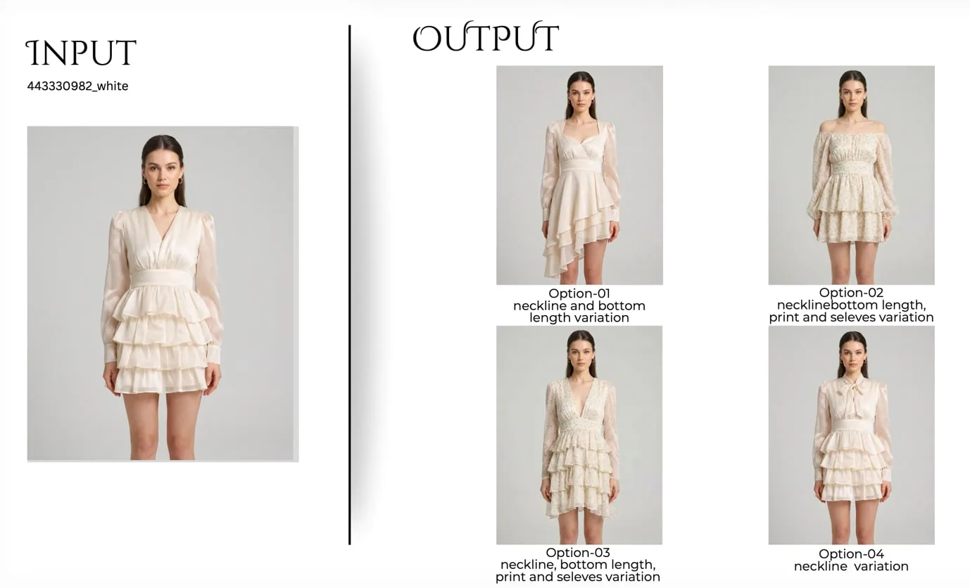 A white tiered dress and four neckline, length and print variations built from it