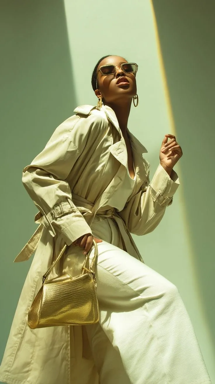 Model in an olive trench coat with a gold bag