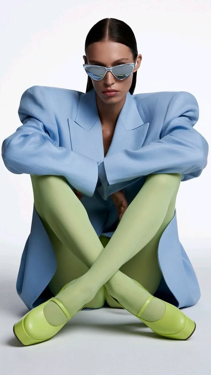 Model in a blue blazer and green tights, seated
