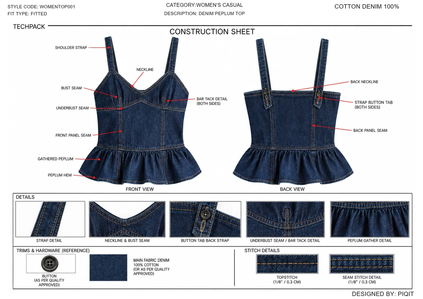 Construction sheet for a denim peplum top, front and back, with seam, strap and neckline callouts