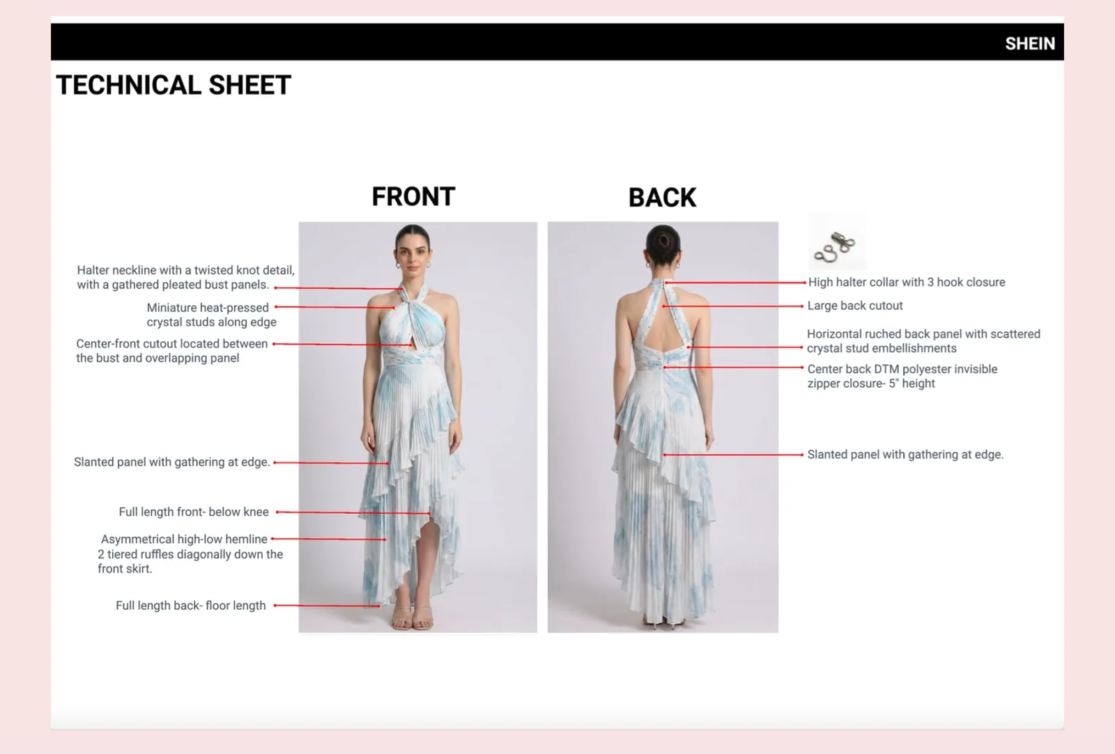 Technical sheet for a halter maxi dress, front and back, with construction notes