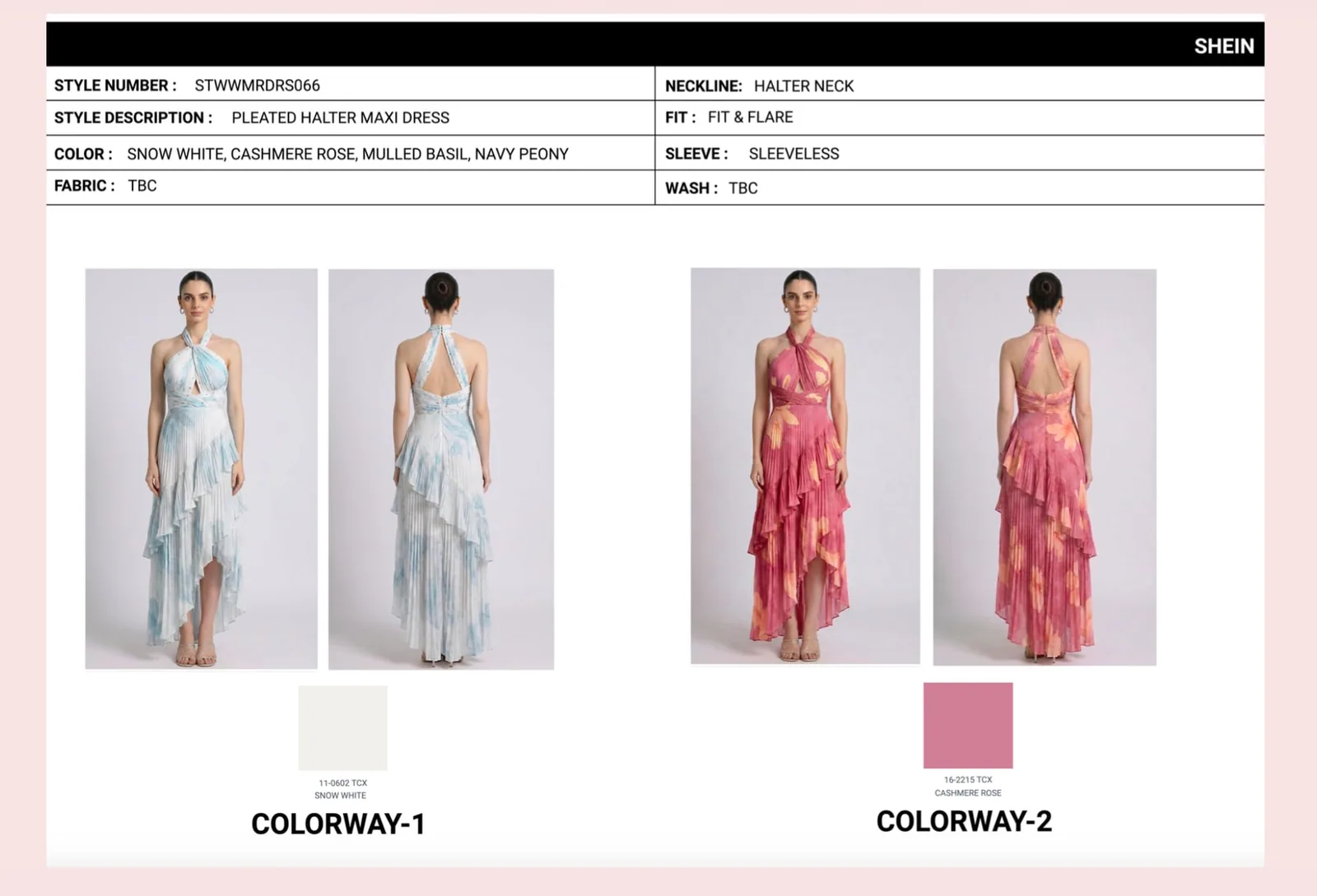 Style details and two colourways for a pleated halter maxi dress