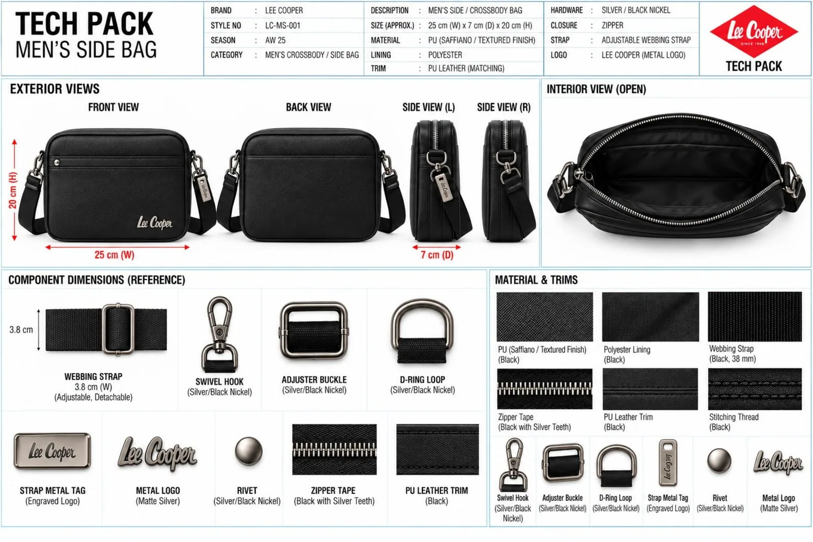 Tech pack for a Lee Cooper men's side bag: exterior views, dimensions, materials and trims