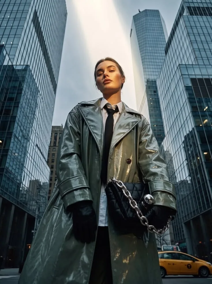 Model in a metallic trench coat and tie between city towers