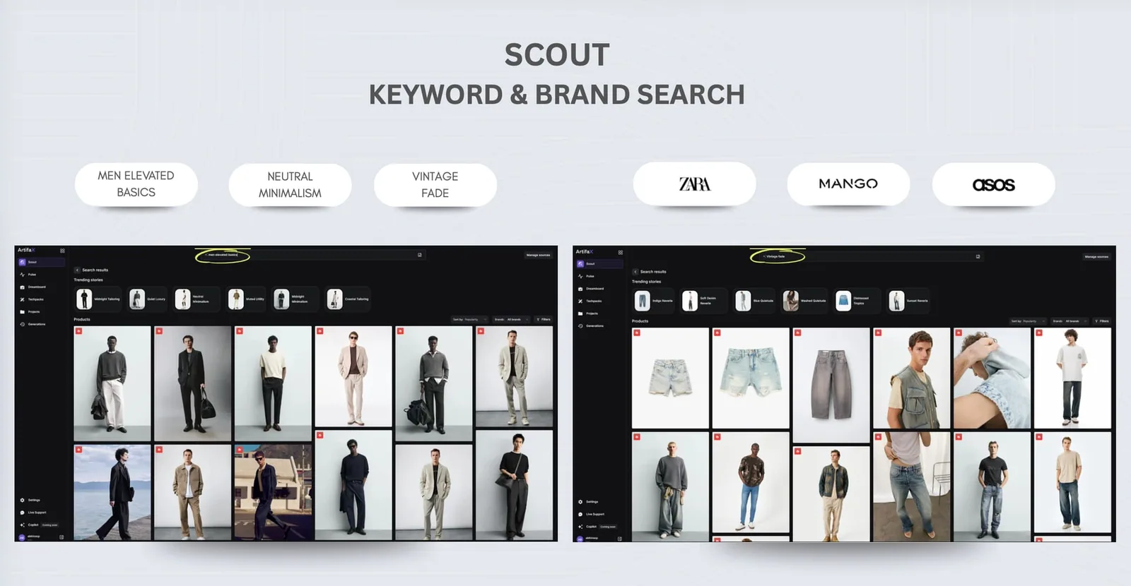 Scout keyword and brand search: menswear results for elevated basics, neutral minimalism and vintage fade from Zara, Mango and ASOS