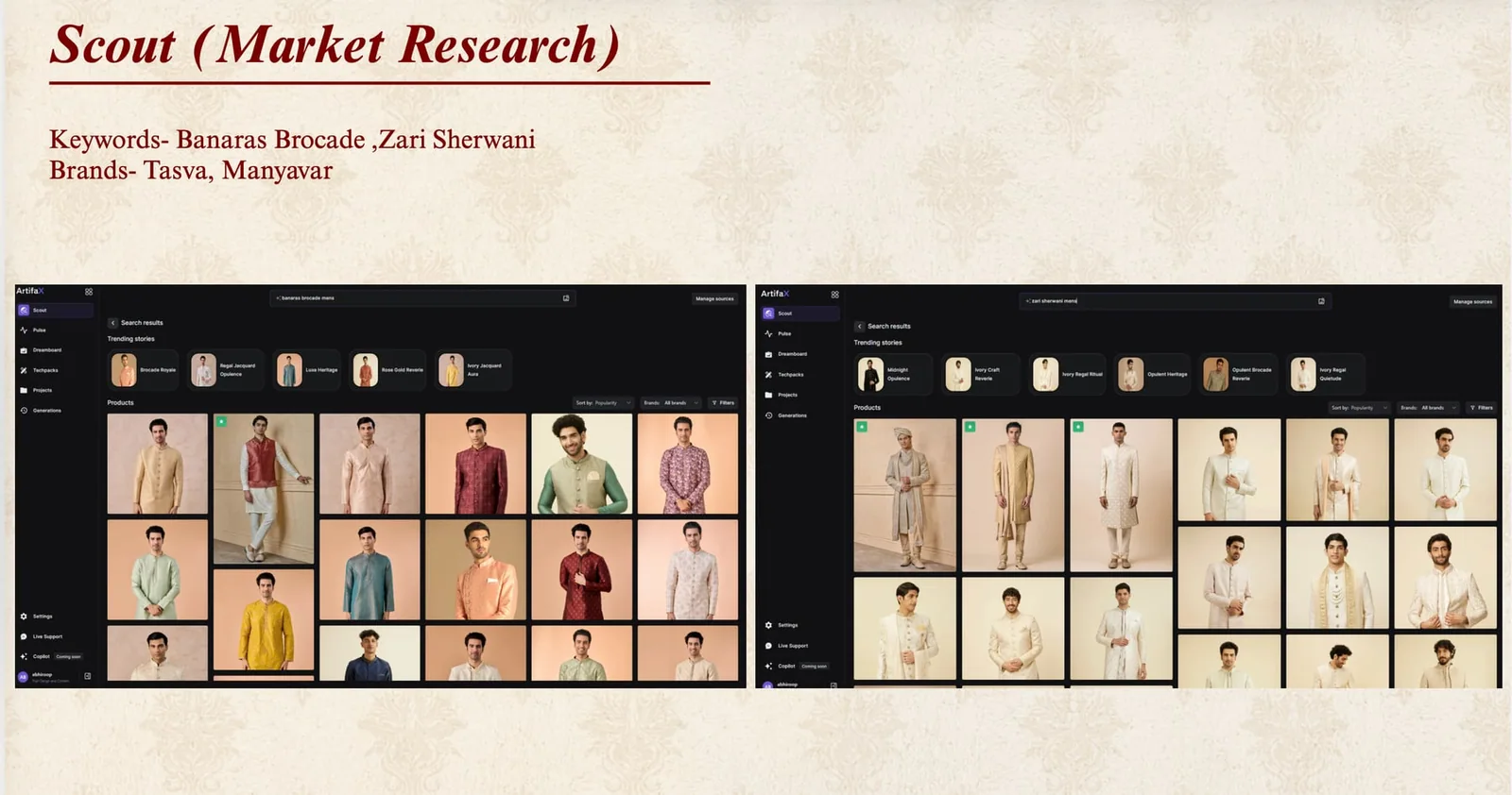 Scout market research: Banarasi brocade and zari sherwani results from Tasva and Manyavar