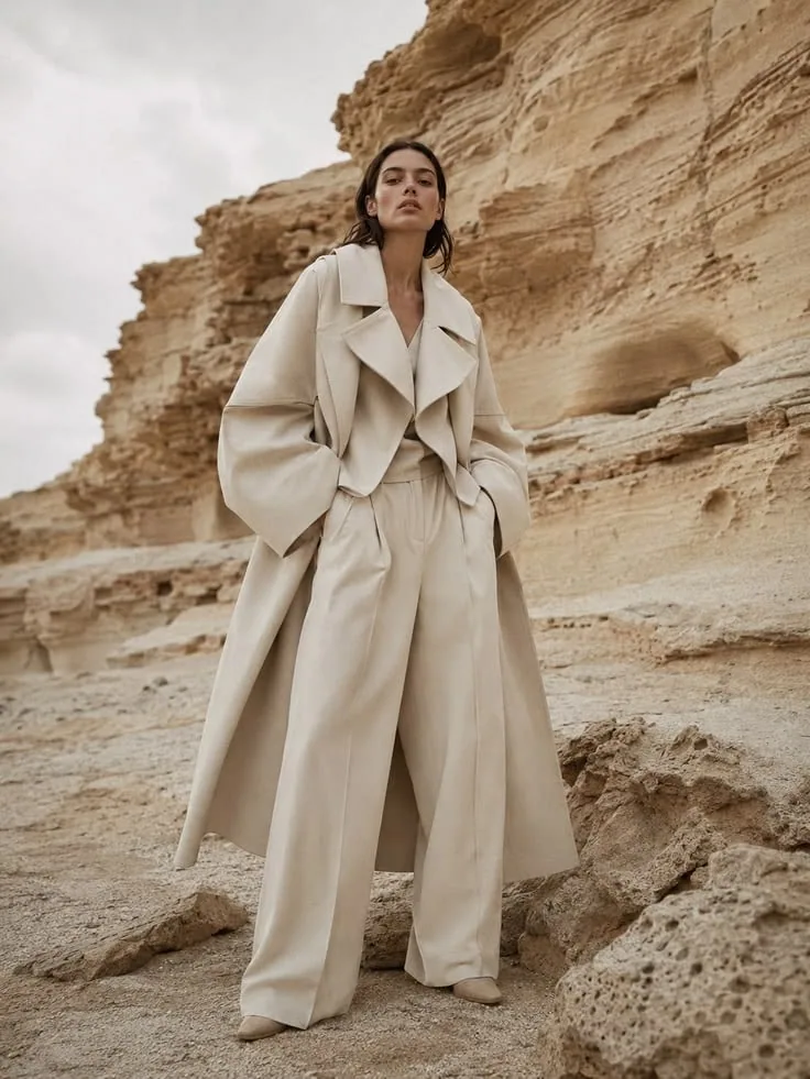 Model in an ivory trench coat against sandstone