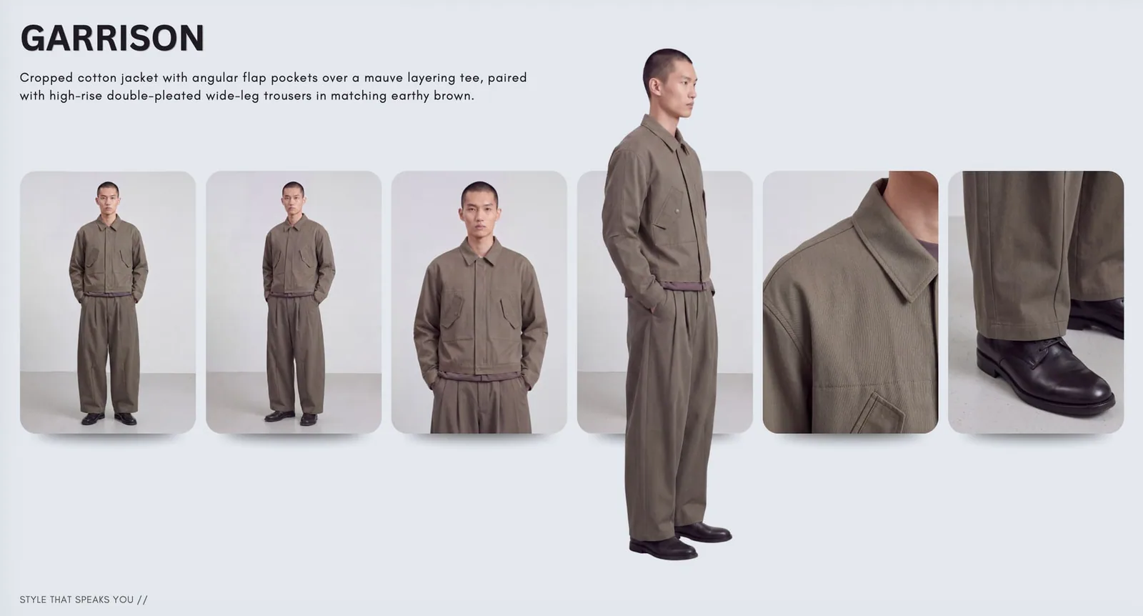 Garrison: a cropped cotton jacket and pleated wide-leg trousers, shown on a model