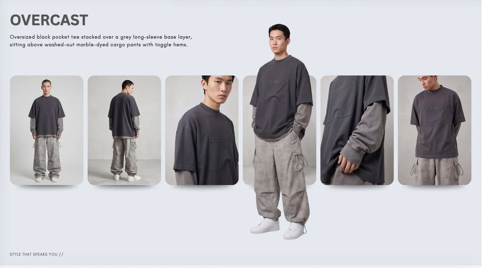 Overcast: an oversized pocket tee over a long-sleeve layer with cargo pants