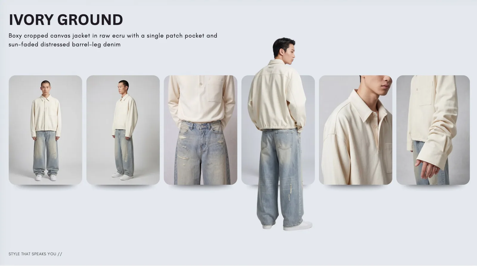 Ivory Ground: a boxy canvas jacket with barrel-leg denim